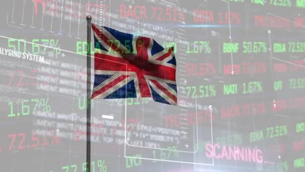 Animação Processamento Dados Mercado Ações Sobre Acenar Bandeira Reino Unido — Vídeo de Stock