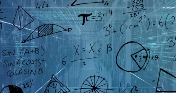 Animación Ecuaciones Matemáticas Procesamiento Datos Contra Sala Servidores Informáticos Concepto — Vídeo de stock