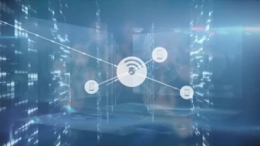 Animation of network of connections over light spots. Global business and digital interface concept digitally generated video.