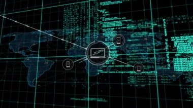 Dünya haritası ve veri işleme üzerinden bağlantı ağının animasyonu. Küresel iş ve dijital arayüz kavramı dijital olarak oluşturulmuş video.