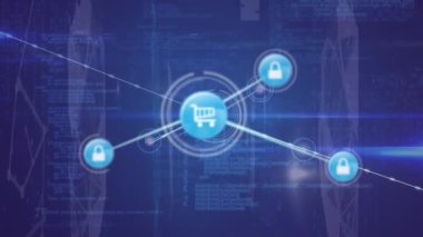 Bağlı simgelerin, noktaların mavi arka planda küre ve bilgisayar dili oluşturması. Dijital olarak üretilmiş, hologram, küreselleşme, iletişim, illüstrasyon, kodlama ve teknoloji kavramı.