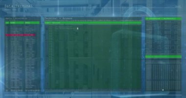 Bilgisayar sunucuları üzerinden veri işleme ekranlarının animasyonu. Küresel iş, finans, bağlantılar, hesaplama ve veri işleme kavramı dijital olarak oluşturulmuş video.
