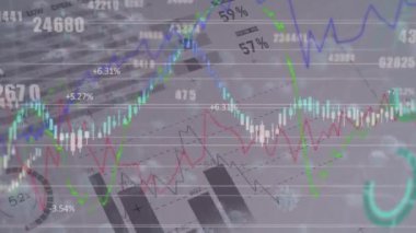 Virüs hücreleri üzerinde finansal veri işleme animasyonu. Küresel salgın, finans ve dijital arayüz kavramı dijital olarak oluşturulmuş video.