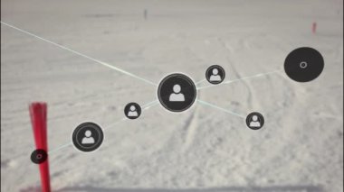 Kar manzarasına karşı profil simgeleri ağının animasyonu. Küresel ağ ve iş teknolojisi kavramı