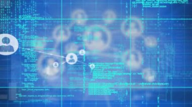 Animation of network of profile icons and data processing against blue background. Global networking and business technology concept