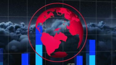 Küresel ve bulutlarda finansal veri işleme animasyonu. Küresel iş, finans, bilgisayar ve veri işleme kavramı dijital olarak oluşturulmuş video.