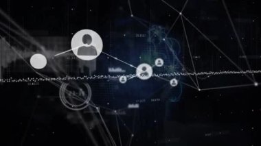 Bağlı simgelerin, grafiklerin, dünyanın her yerindeki sayıların siyah arkaplana karşı animasyonu. Dijital olarak üretilmiş, hologram, küreselleşme, rapor, iş dünyası, iletişim ve teknoloji kavramı.