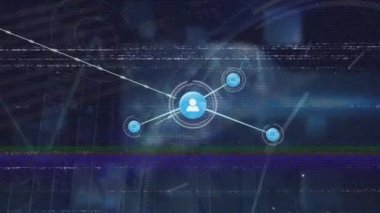Mavi arkaplan ile dijital simgelerin ve istatistiksel veri işleme ağının animasyonu. Küresel ağ ve iş teknolojisi kavramı