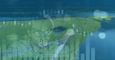 Manzara üzerinde veri işleme animasyonu. küresel iş ve dijital arayüz kavramı dijital olarak oluşturulmuş video.