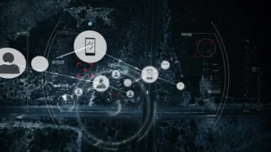 Bağlantı ağı üzerinden şehir manzarasının animasyonu. Küresel iş ve dijital arayüz kavramı dijital olarak oluşturulmuş video.
