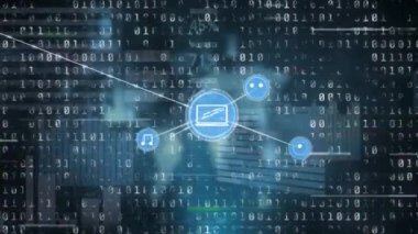 İstatistiksel veri işlemeye karşı dijital simge ağının animasyonu ve ikili kodlama. Küresel ağ ve iş teknolojisi kavramı