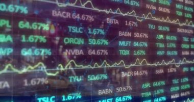 Gece trafiğine karşı ikili kodlama ve borsa veri işleme animasyonu. Küresel ekonomi ve iş teknolojisi kavramı