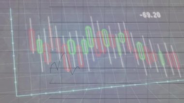 Virüs hücreleri üzerinde finansal veri işleme animasyonu. Küresel salgın, finans ve dijital arayüz kavramı dijital olarak oluşturulmuş video.