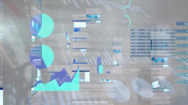 Gri arka planda finansal veri işleme animasyonu. Küresel iş, finans ve dijital arayüz kavramı dijital olarak oluşturulmuş video.