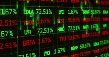İkili kodlama animasyonu ve kara arkaplana karşı borsa veri işlemesi. Küresel ekonomi ve iş teknolojisi kavramı