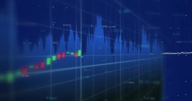 Mavi arkaplanda veri işleme animasyonu. Küresel iş ve dijital arayüz kavramı, dijital olarak oluşturulmuş video.