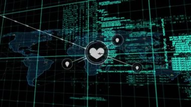 Bağlantı ağı üzerinden veri işleme ve dünya haritasının animasyonu. Küresel iş ve dijital arayüz kavramı dijital olarak oluşturulmuş video.