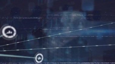 Mavi arkaplan ile dijital simgelerin ve istatistiksel veri işleme ağının animasyonu. Küresel ağ ve iş teknolojisi kavramı