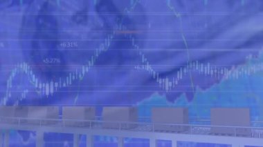 Banknotlar üzerinde veri işleme animasyonu. Küresel iş ve dijital arayüz kavramı dijital olarak oluşturulmuş video.