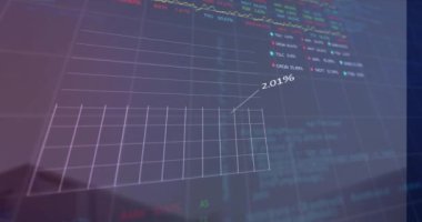 Şehir manzarası üzerinde veri işleme animasyonu. küresel iş ve dijital arayüz kavramı dijital olarak oluşturulmuş video.