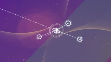 Dijital simge ağı üzerinden beyaz parçacıkların animasyonu ve mor arkaplandaki ışık noktaları. Küresel ağ ve iş teknolojisi kavramı