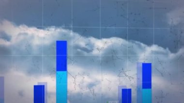 Siyah arka planda beyaz bir ızgara üzerinde istatistiksel çizgisi, grafiği ve dünya haritası olan bir bulutun zaman atlaması. Küresel finans ve lojistik sektörü kavramı.