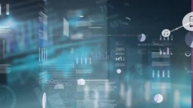 Mavi arkaplan ile istatistiksel veri işleme üzerinden dijital simge ağının animasyonu. Küresel ağ ve iş teknolojisi kavramı