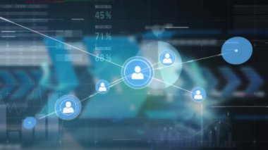 Profil simgeleri ve istatistiksel veri işleme ağı üzerindeki hata etkisinin animasyonu. Küresel ağ ve iş teknolojisi kavramı