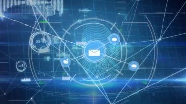 Bağlı simgelerin animasyonu, kalkanlarda asma kilit, soyut arkaplanda parmak izlerinde daireler. Dijital olarak üretilmiş, hologram, aydınlatılmış, biyometrik, güvenlik, iletişim ve teknoloji.