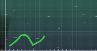 Şebeke üzerinde yeşil hat ve finansal veri işleme animasyonu. Küresel iş, finans, bilgisayar ve veri işleme kavramı dijital olarak oluşturulmuş video.