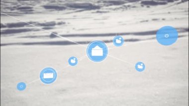 Dijital simge ağının deniz dalgalarına karşı animasyonu. Küresel ağ ve iş teknolojisi kavramı