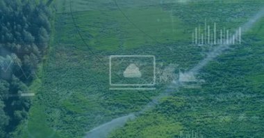 Manzara üzerinde veri işleme animasyonu. küresel iş ve dijital arayüz kavramı dijital olarak oluşturulmuş video.