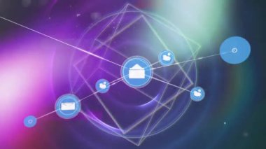 Koyu mavi arkaplan üzerindeki simgelerle bağlantı ağının animasyonu. Küresel bağlantılar veri işleme ve dijital arayüz konsepti dijital olarak oluşturulmuş video.