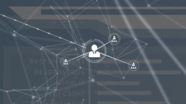 Sayılar, harfler ve çubuklar üzerindeki bağlı simgelerin ve noktaların soyut arkaplan karşısındaki animasyonu. Dijital olarak üretilmiş, hologram, illüstrasyon, şifre, koruma ve teknoloji konsepti.
