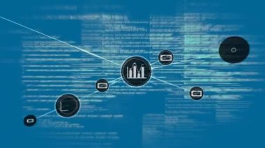 Simgeler ve veri işleme ile bağlantı ağının animasyonu. Küresel ağlar, işletmeler, finans, hesaplama ve veri işleme kavramı dijital olarak oluşturuldu.