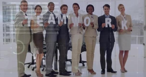 Happy Business People Working Together Office Setting Spelled Out Letters — Stock Video