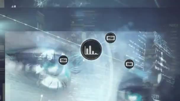 Анимация Сети Соединений Над Обработкой Данных Глобальный Бизнес Цифровой Интерфейс — стоковое видео