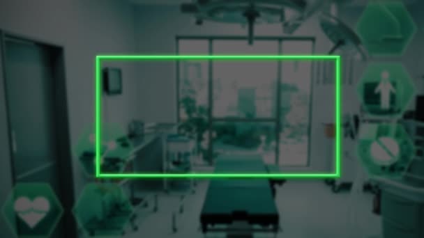 Animazione Cornici Neon Icone Mediche Sopra Stanza Ospedale Concetto Globale — Video Stock