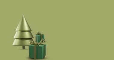 Sarı arkaplandaki süslemeler ve noel süslerinin kopyaları. Noel, gelenek ve kutlama konsepti dijital olarak oluşturuldu.