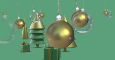 Yeşil arka planda noel süslemelerinde takılanların canlandırılması. Noel, gelenek ve kutlama konsepti dijital olarak oluşturuldu.