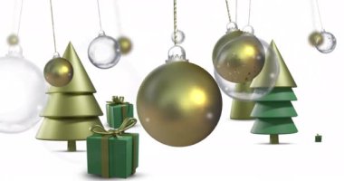 Beyaz arka planda noel süslemeleriyle süslenmiş mücevherlerin canlandırılması. Noel, gelenek ve kutlama konsepti dijital olarak oluşturuldu.