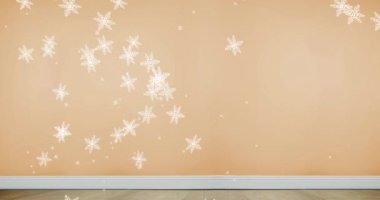 Fotokopi alanı ve noel süslemeleri olan yuvarlak afişlerin üzerine düşen kar tanelerinin animasyonu. Noel şenliği ve kutlama konsepti