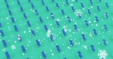 Yeşil arkaplana düşen kar taneleri üzerinde pürüzsüz desenli 3D şekillerin animasyonu. Noel şenliği ve kutlama konsepti