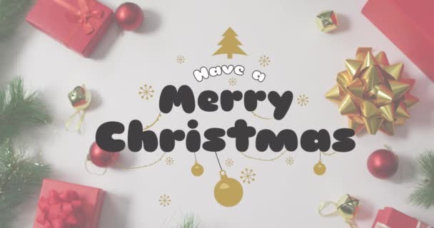 Κινούμενα Σχέδια Χαρούμενα Χριστουγεννιάτικα Πανό Κειμένου Πάνω Από Χριστουγεννιάτικες Διακοσμήσεις — Αρχείο Βίντεο