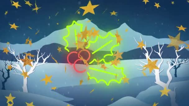 Animace Sněhu Hvězd Nad Ikonou Jmelí Proti Zimní Krajině Vánoční — Stock video