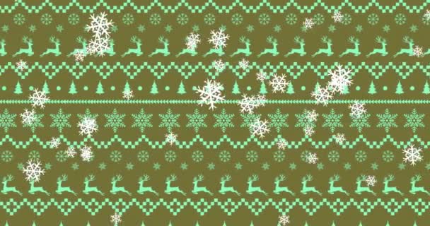 Animación Copos Nieve Cayendo Sobre Patrón Tradicional Navidad Sobre Fondo — Vídeos de Stock