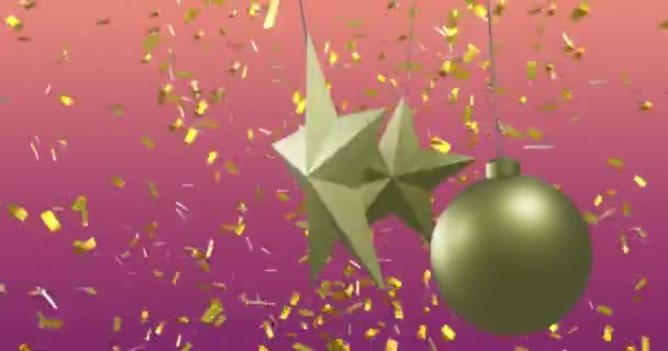 Konfeti Düşüşünün Animasyonu Pembe Arka Planda Noel Süslemeleri Noel Şenlik — Stok video