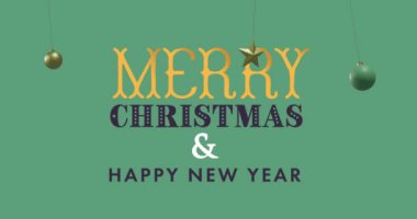 Mutlu noeller ve mutlu yeni yıl metinleri yeşil arka plandaki süslemeler üzerine. Noel, gelenek ve kutlama konsepti dijital olarak oluşturuldu.