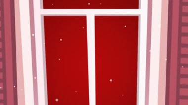 Mutlu noeller üzerine yağan kar animasyonu ve kırmızı arka planda yeni yıl yazılı afişi. Noel şenliği ve kutlama konsepti