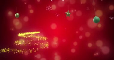 Noel ağacı animasyonu ve kırmızı arka planda süslemeler. Noel, şenlik, kutlama ve gelenek konsepti dijital olarak oluşturuldu.